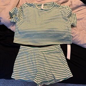 Green and White Striped Pajama Set with Short Sleeves and Shorts